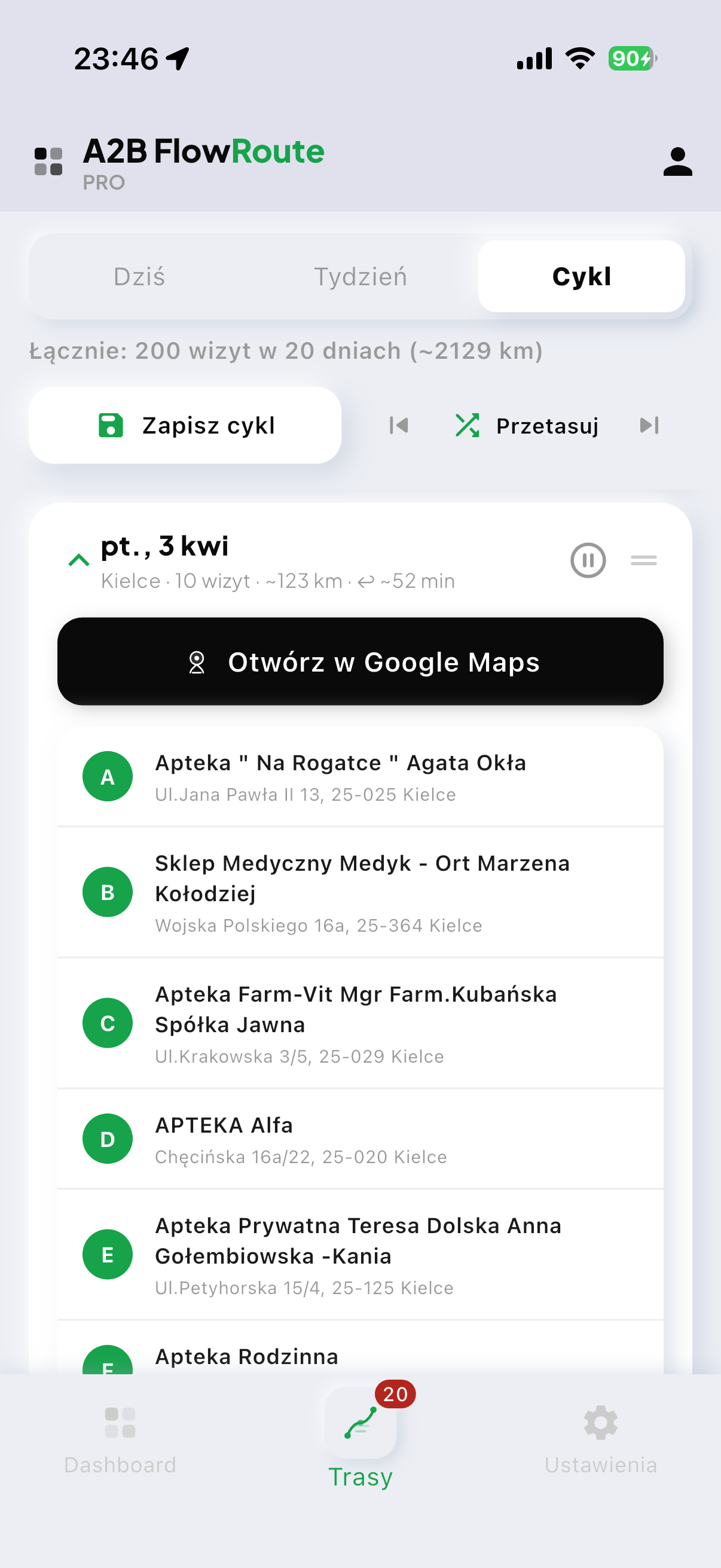 Trasa dzienna z Google Maps